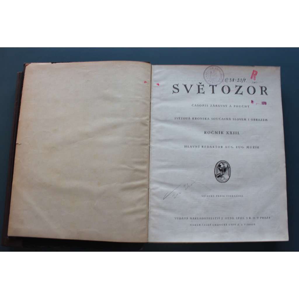 Světozor 1922-1923, roč. XXIII. 2 svazky (časopis, kultura, umění, první republika, mj. Cesta k vosím vodopádům, Sokolstvo, Turecké vítězství [M. Kemal], Rašín - pohřeb, Tutanchamon, Japonským vnitrozemím, Jan Kotěra - úmrtí)