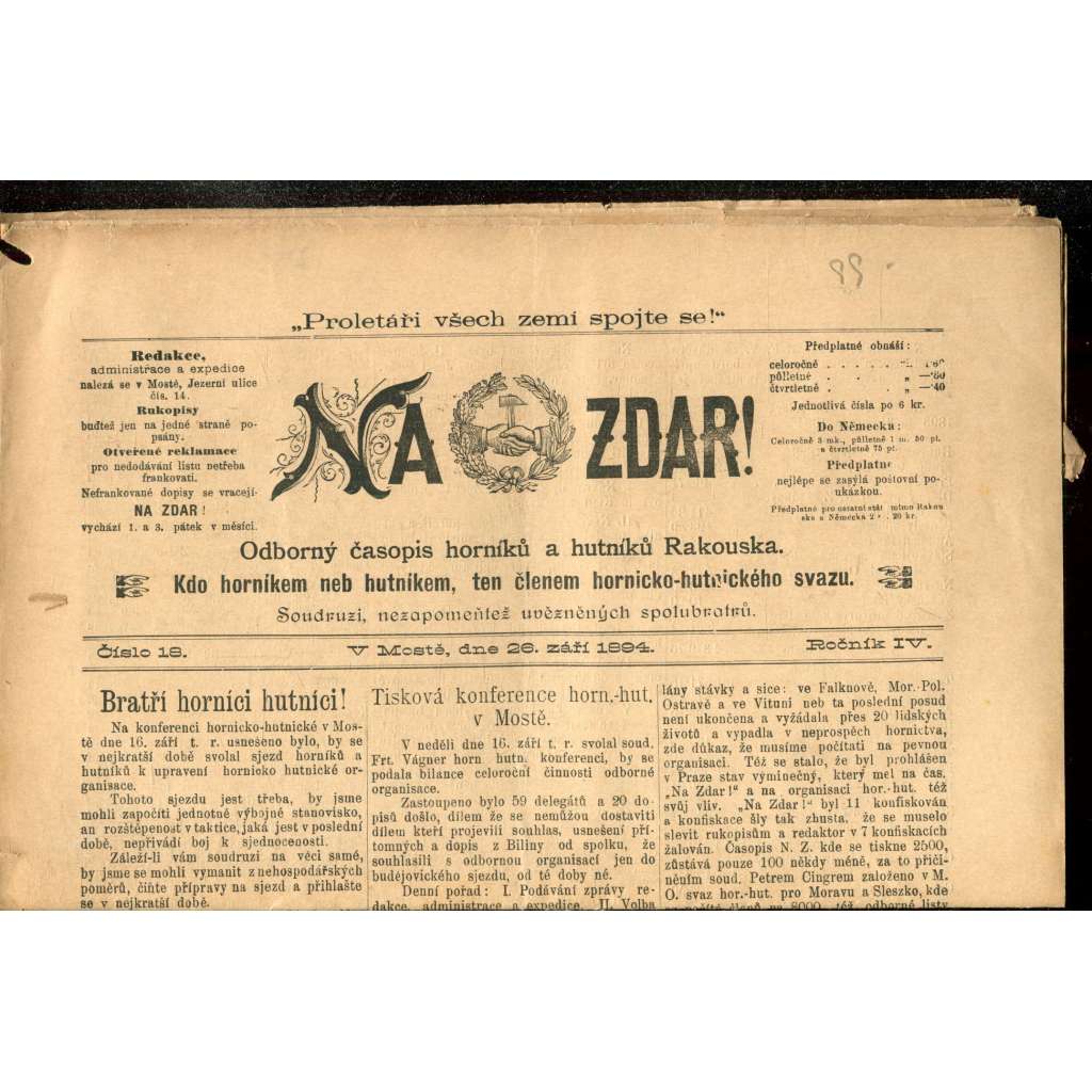 NA ZDAR! Odborný časopis horníků a hutníků Rakouska. Ročník IV., číslo 18. (26.9.1894) [časopis, hornictví, noviny]