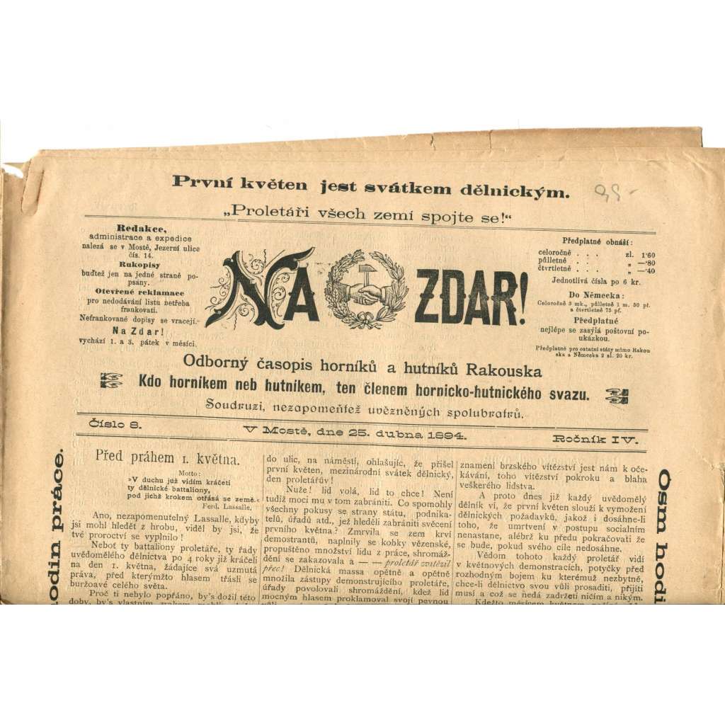 NA ZDAR! Odborný časopis horníků a hutníků Rakouska. Ročník IV., číslo 8. (25.4.1894) [časopis, hornictví, noviny]
