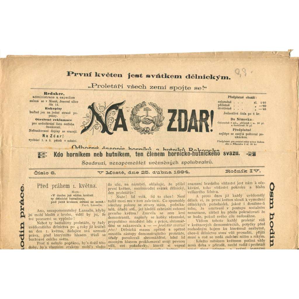 NA ZDAR! Odborný časopis horníků a hutníků Rakouska. Ročník IV., číslo 8. (25.4.1894) [časopis, hornictví, noviny]