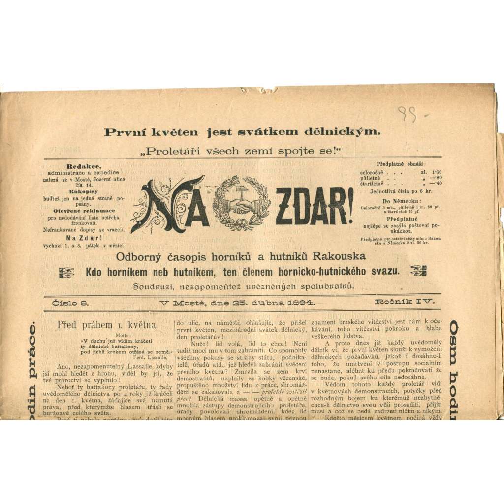 NA ZDAR! Odborný časopis horníků a hutníků Rakouska. Ročník IV., číslo 8. (25.4.1894) [časopis, hornictví, noviny]
