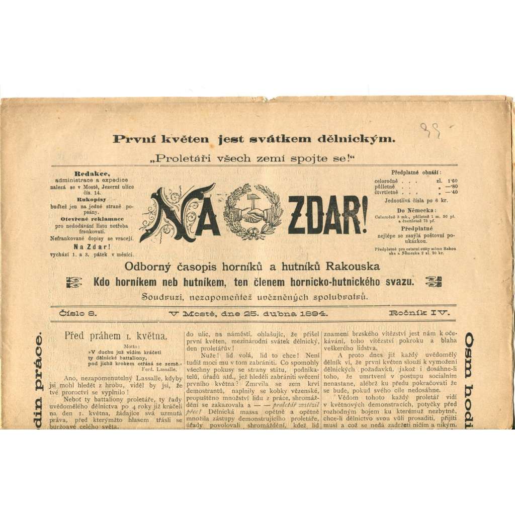 NA ZDAR! Odborný časopis horníků a hutníků Rakouska. Ročník IV., číslo 8. (25.4.1894) [časopis, hornictví, noviny]