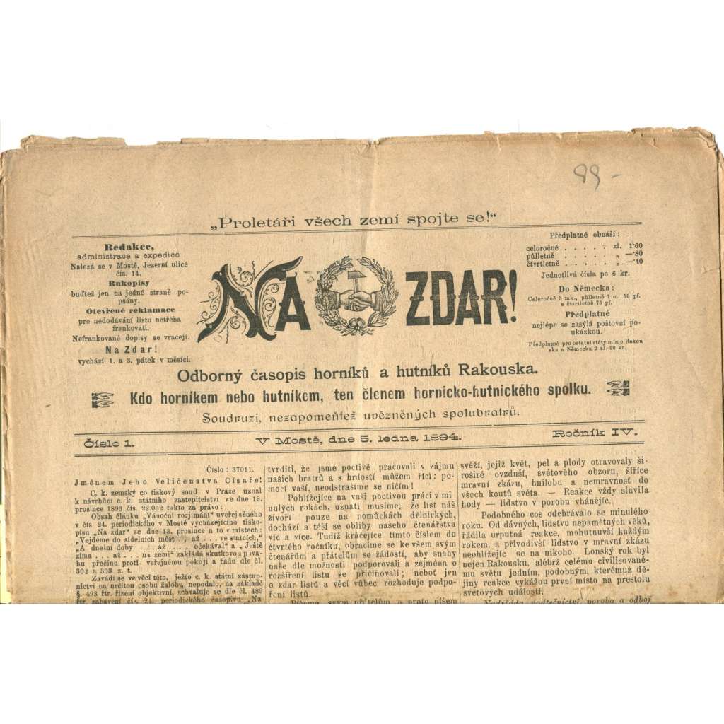 NA ZDAR! Odborný časopis horníků a hutníků Rakouska. Ročník IV., číslo 1. (5.1.1894) [časopis, hornictví, noviny]
