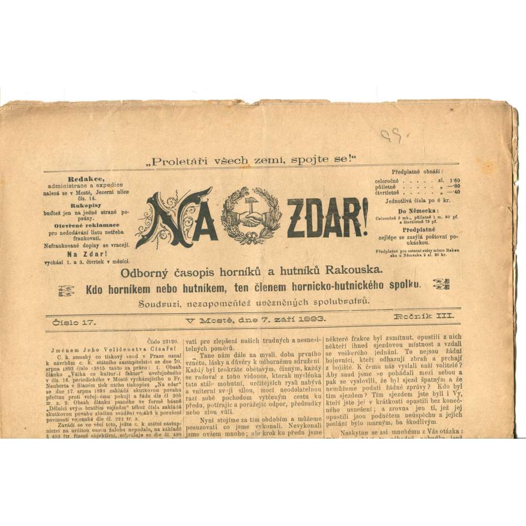 NA ZDAR! Odborný časopis horníků a hutníků Rakouska. Ročník III., číslo 17. (7.9.1893) [časopis, hornictví, noviny]