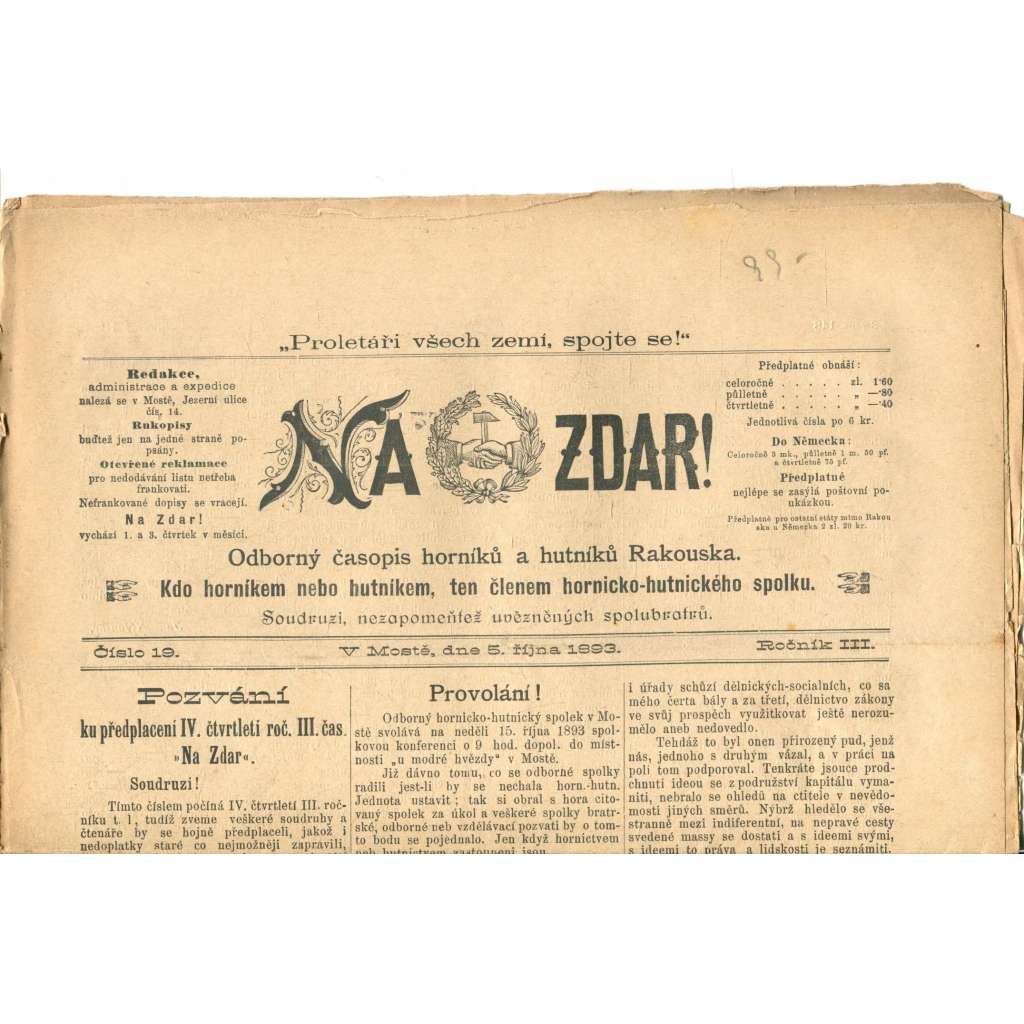NA ZDAR! Odborný časopis horníků a hutníků Rakouska. Ročník III., číslo 19. (5.10.1893) [časopis, hornictví, noviny]