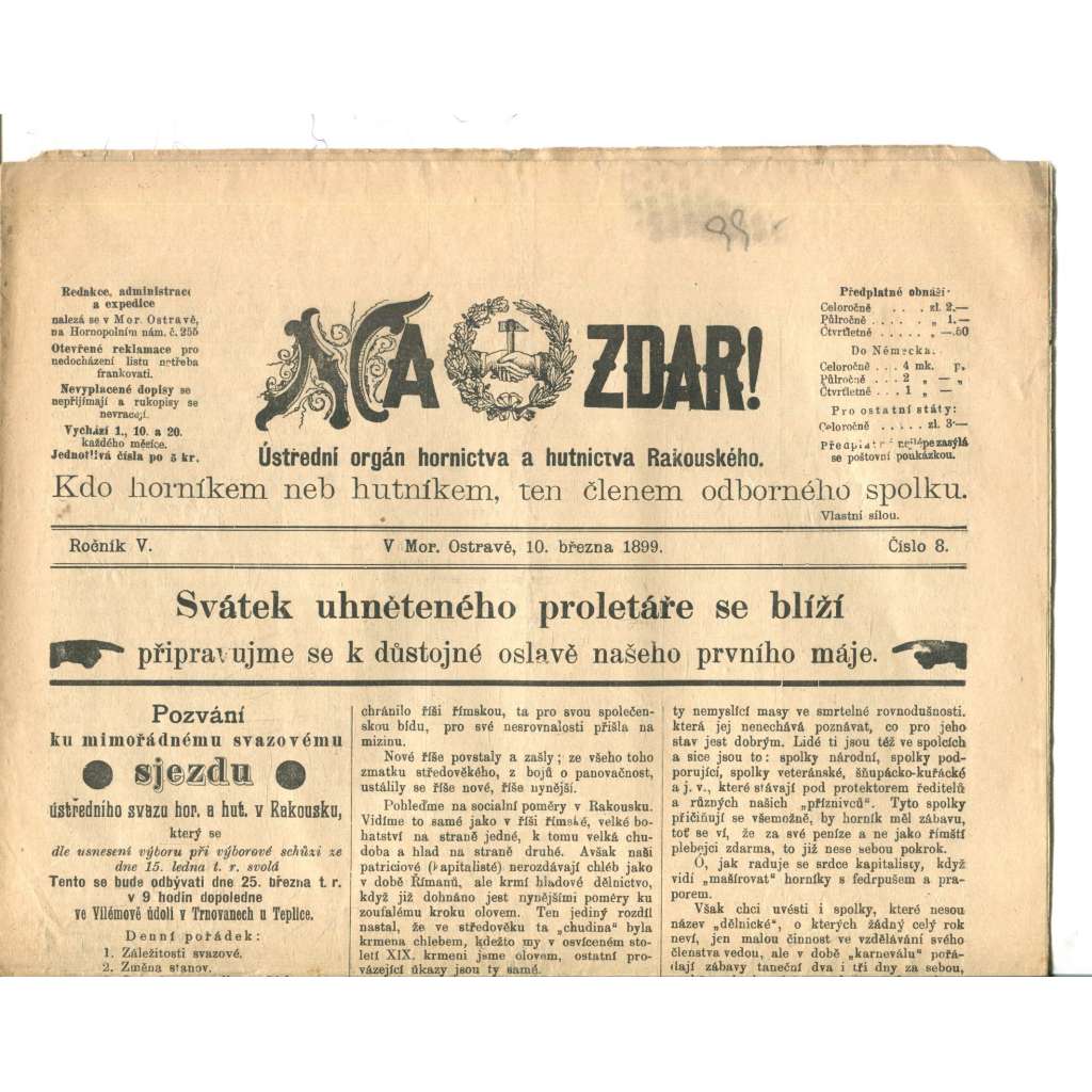 NA ZDAR! Ústřední orgán hornictva a hutnictva Rakouského. Ročník V., číslo 8. (10.3.1899) [časopis, hornictví, noviny]