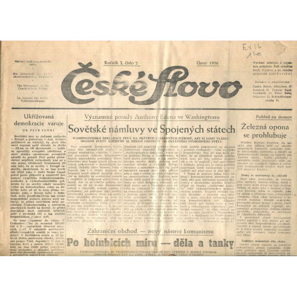 České slovo, ročník 2., číslo 2./1956 (Exil, noviny)