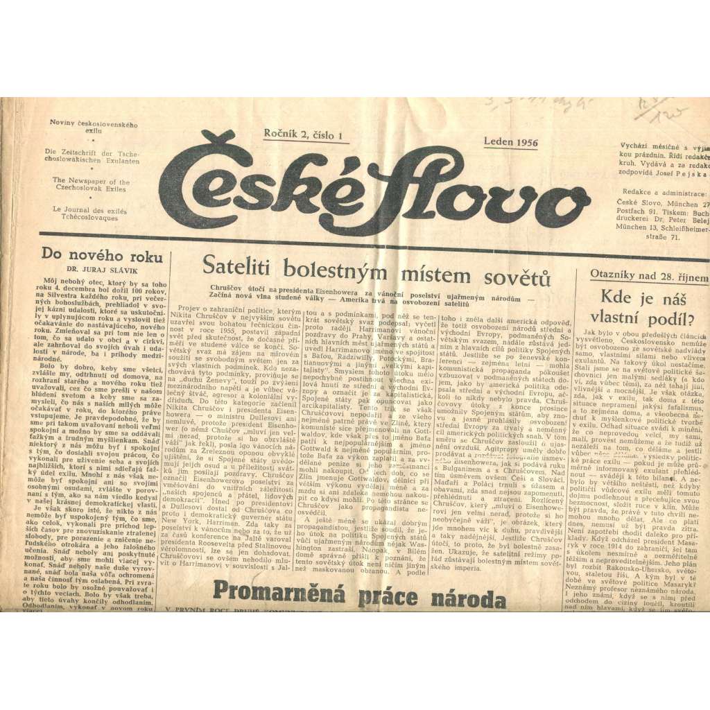 České slovo, ročník 2., číslo 1./1956 (Exil, noviny)