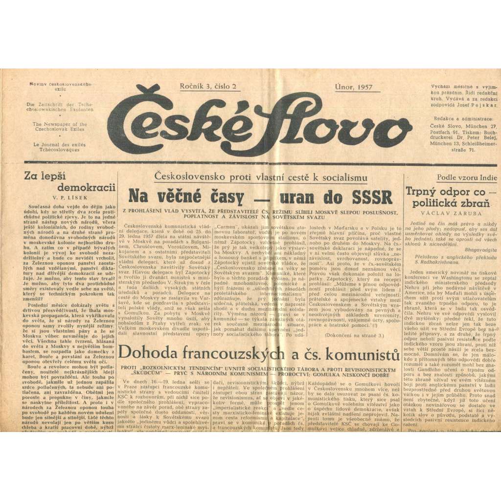 České slovo, ročník 3., číslo 2./1957 (Exil, noviny)