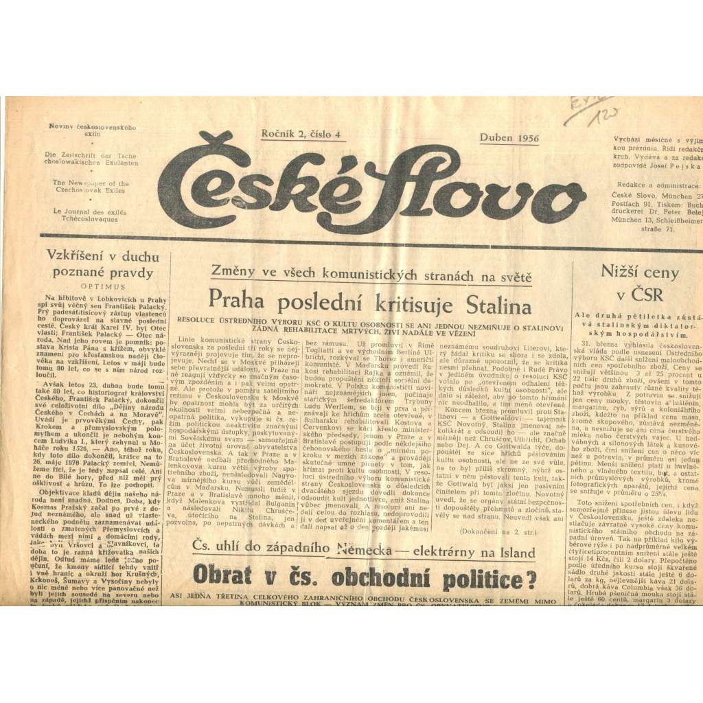 České slovo, ročník 2., číslo 4./1956 (Exil, noviny)