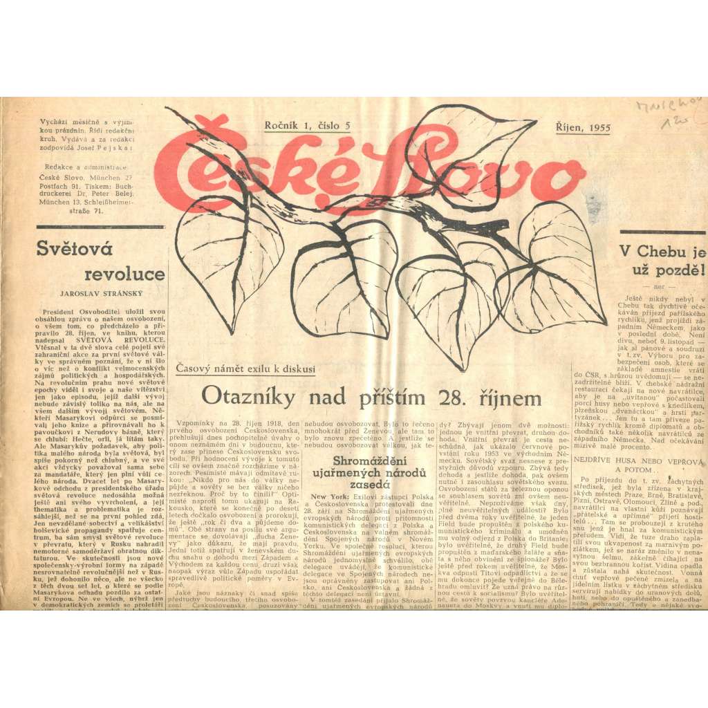 České slovo, ročník 1., číslo 5./1955 (Mnichov, exil, noviny)