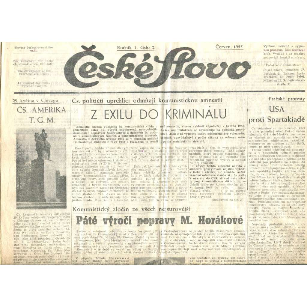 České slovo, ročník 1., číslo 2./1955 (Mnichov, exil, noviny)