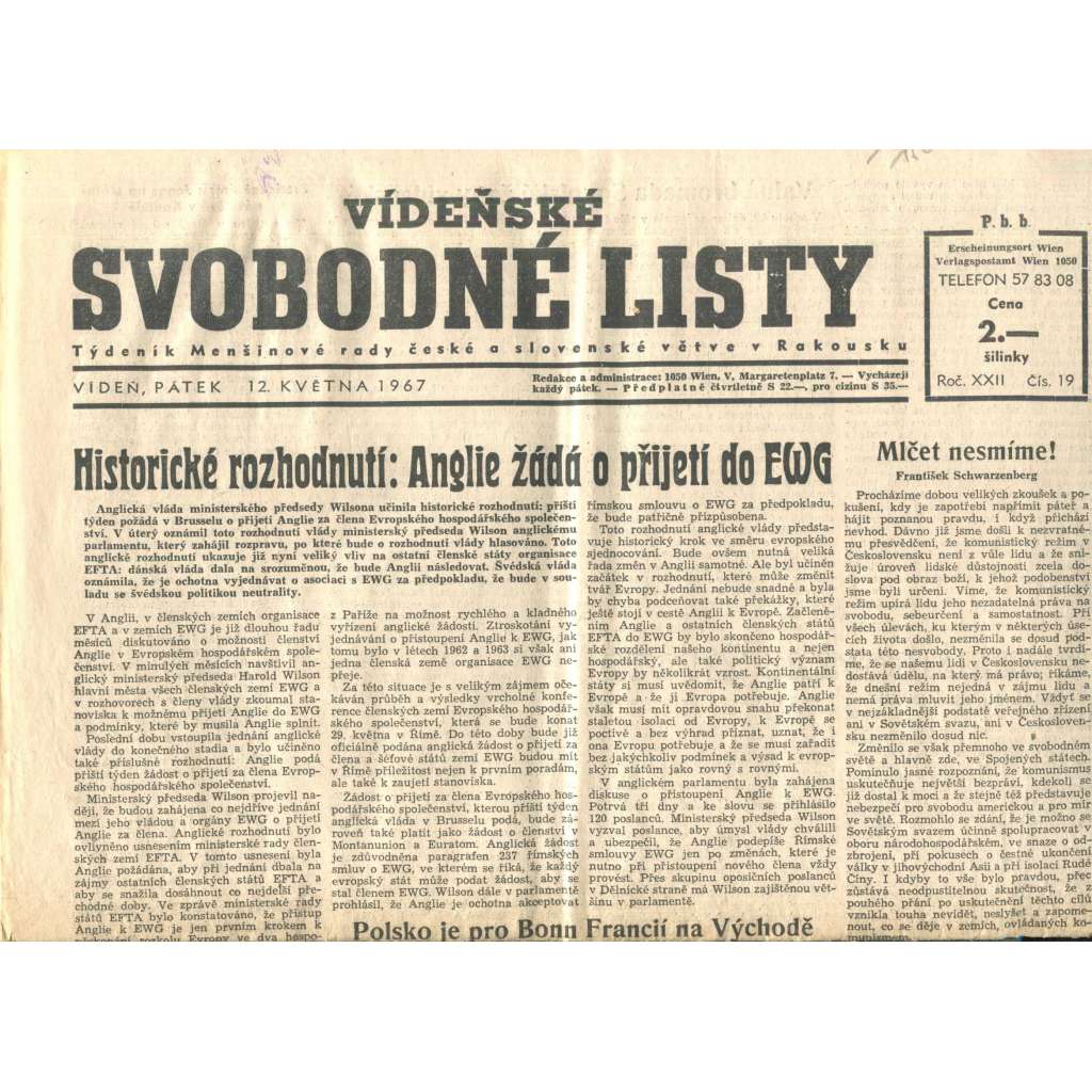 Vídeňské svobodné listy, ročník XXII., číslo 19/1967. Týdeník Menšinové rady české a slovenské větve v Rakousku (exil, noviny)