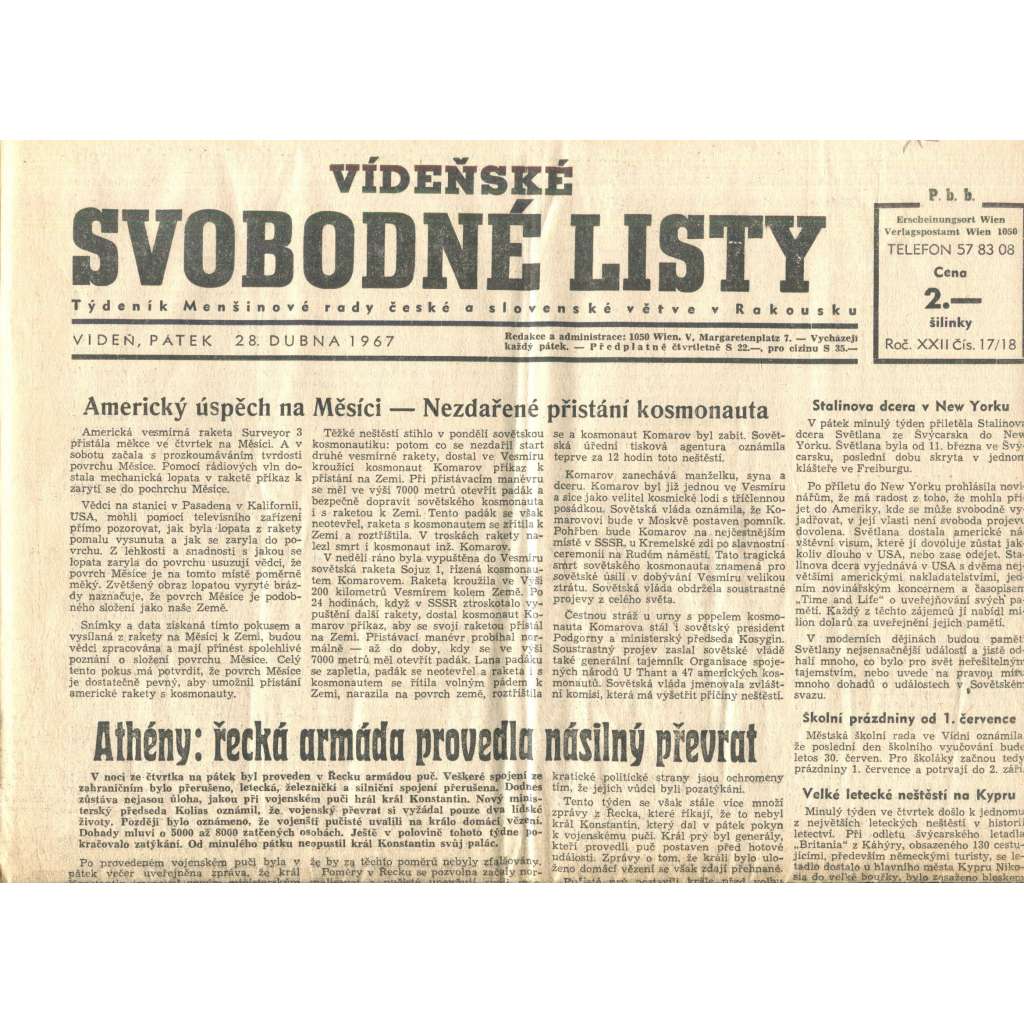 Vídeňské svobodné listy, ročník XXII., číslo 17/18/1967. Týdeník Menšinové rady české a slovenské větve v Rakousku (exil, noviny)