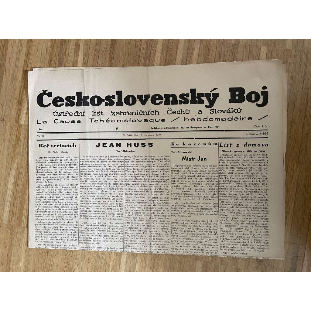 Československý boj, ročník I., číslo 11/1939. Ústřední list zahraničních Čechů a Slováků (exil, Francie, odboj, válka, noviny)