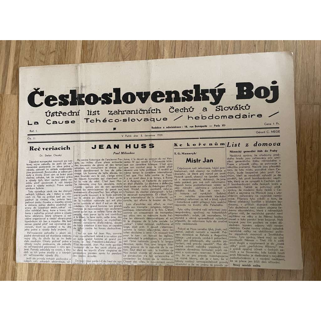 Československý boj, ročník I., číslo 11/1939. Ústřední list zahraničních Čechů a Slováků (exil, Francie, odboj, válka, noviny)