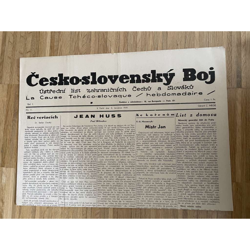 Československý boj, ročník I., číslo 11/1939. Ústřední list zahraničních Čechů a Slováků (exil, Francie, odboj, válka, noviny)