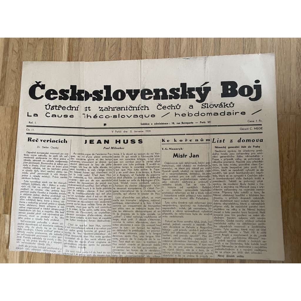 Československý boj, ročník I., číslo 11/1939. Ústřední list zahraničních Čechů a Slováků (exil, Francie, odboj, válka, noviny)