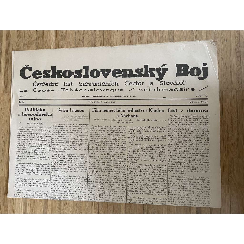 Československý boj, ročník I., číslo 9/1939. Ústřední list zahraničních Čechů a Slováků (exil, Francie, odboj, válka, noviny)