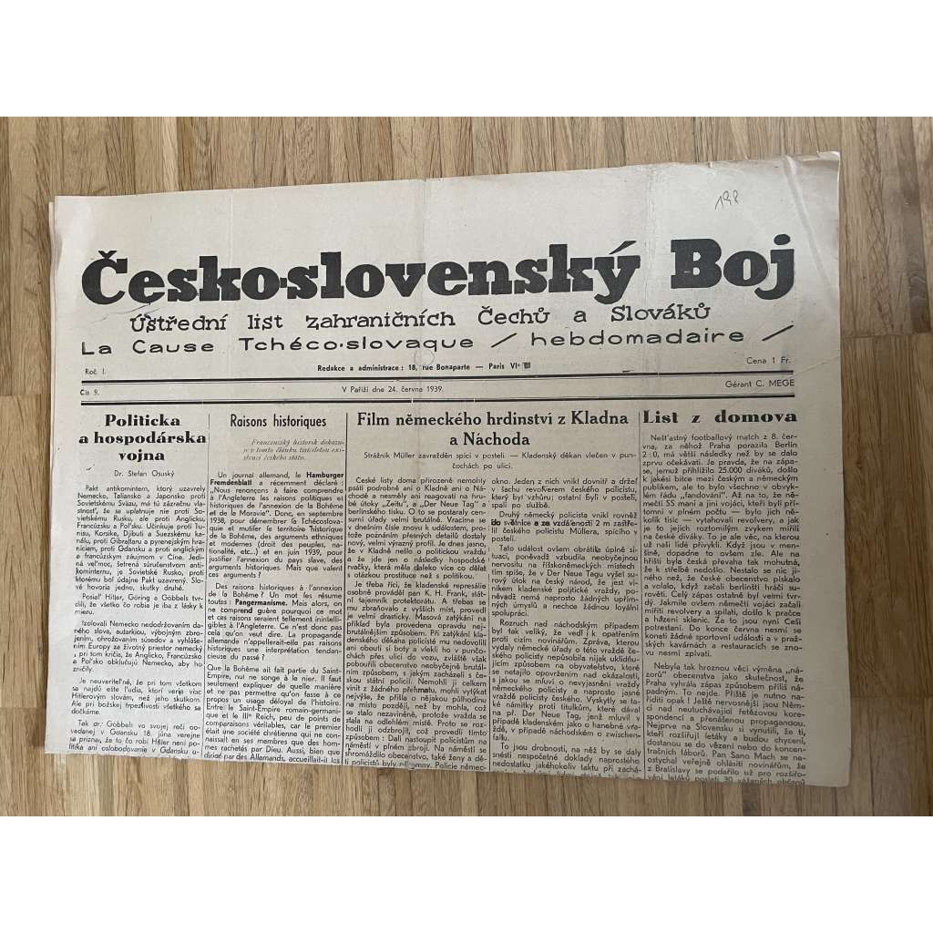 Československý boj, ročník I., číslo 9/1939. Ústřední list zahraničních Čechů a Slováků (exil, Francie, odboj, válka, noviny)