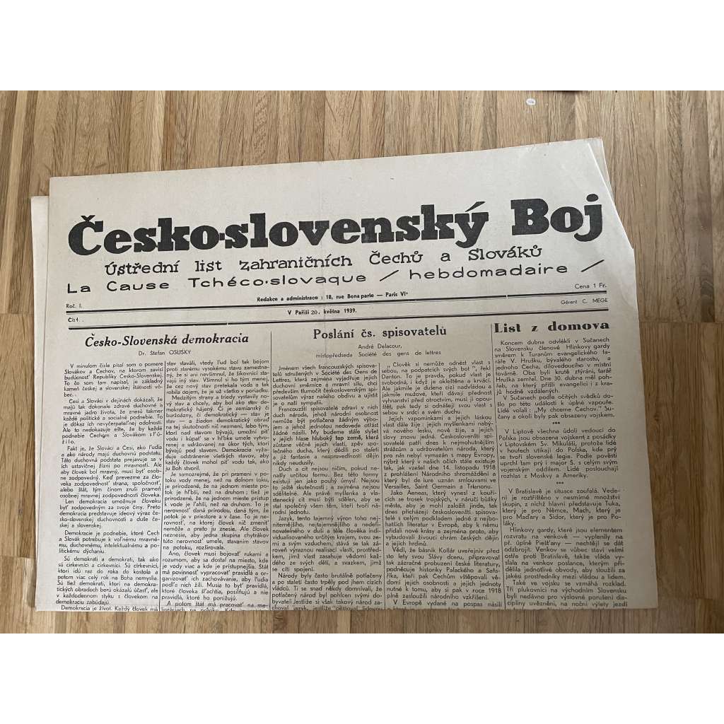 Československý boj, ročník I., číslo 4/1939. Ústřední list zahraničních Čechů a Slováků (exil, Francie, odboj, válka, noviny)
