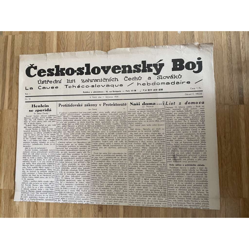 Československý boj, ročník I., číslo 10/1939. Ústřední list zahraničních Čechů a Slováků (exil, Francie, odboj, válka, noviny)