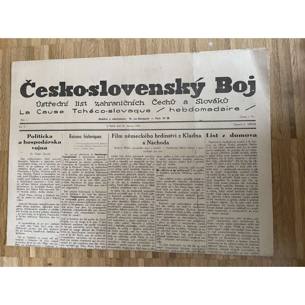 Československý boj, ročník I., číslo 9/1939. Ústřední list zahraničních Čechů a Slováků (exil, Francie, odboj, válka, noviny)