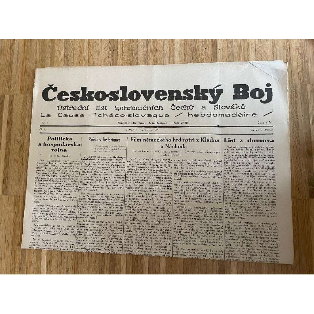 Československý boj, ročník I., číslo 9/1939. Ústřední list zahraničních Čechů a Slováků (exil, Francie, odboj, válka, noviny)