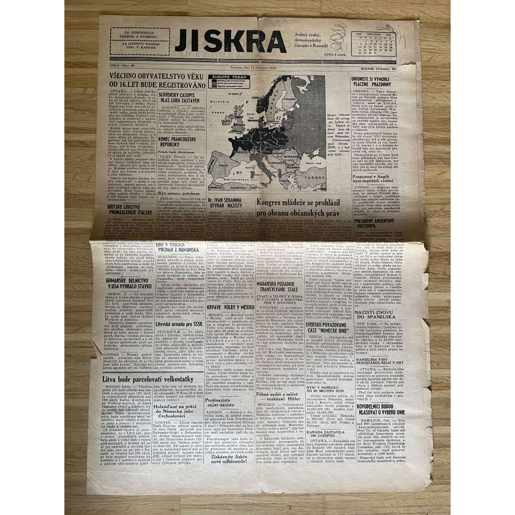 Jiskra, ročník III., číslo 39/1940 (Kanada, exil, noviny)