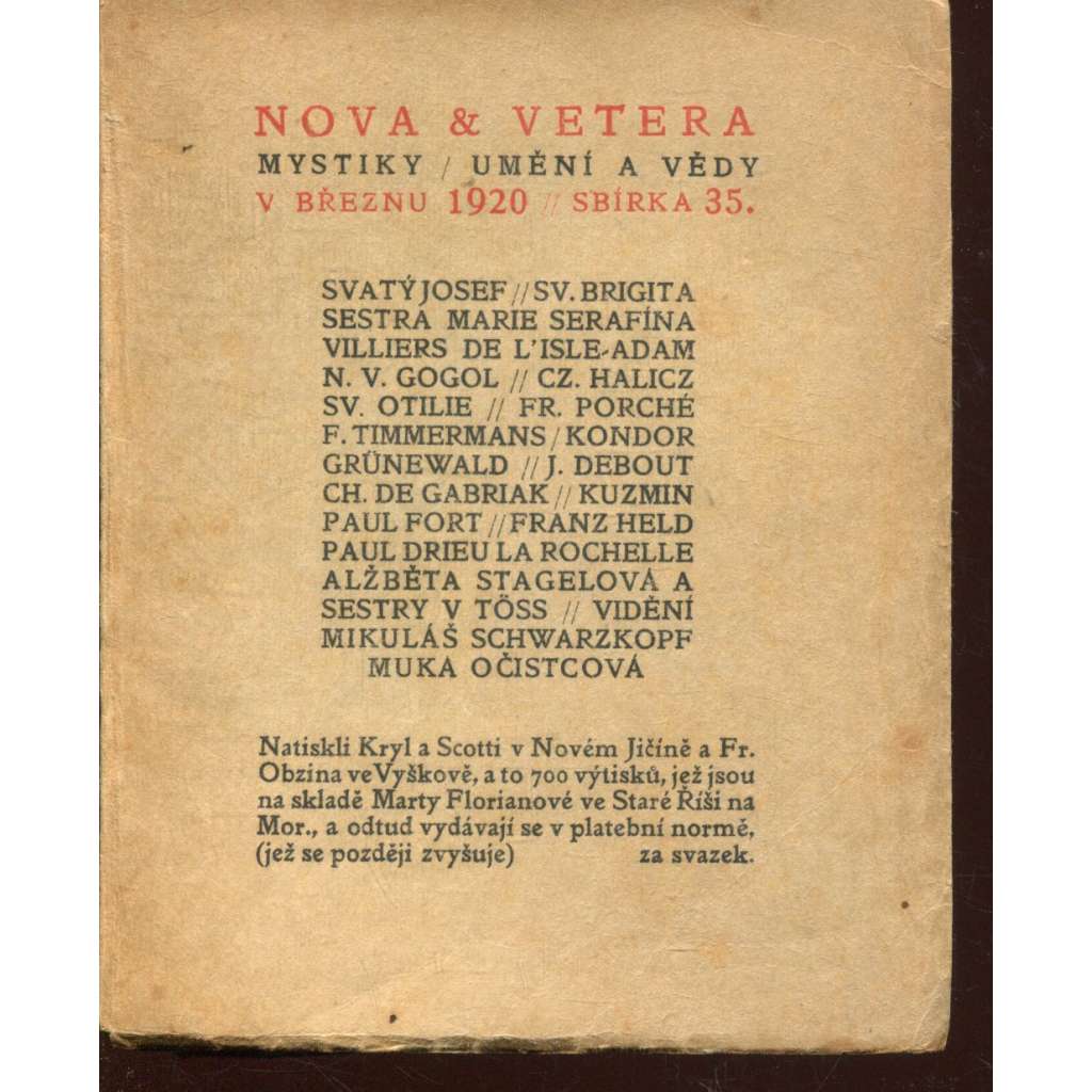 Mystiky / Umění a vědy, svazek 35/1920 (Nova et vetera, Stará Říše na Moravě) Mystiky / Umění a vědy, svazek 35/1920 (Nova et vetera, Stará Říše na Moravě)
