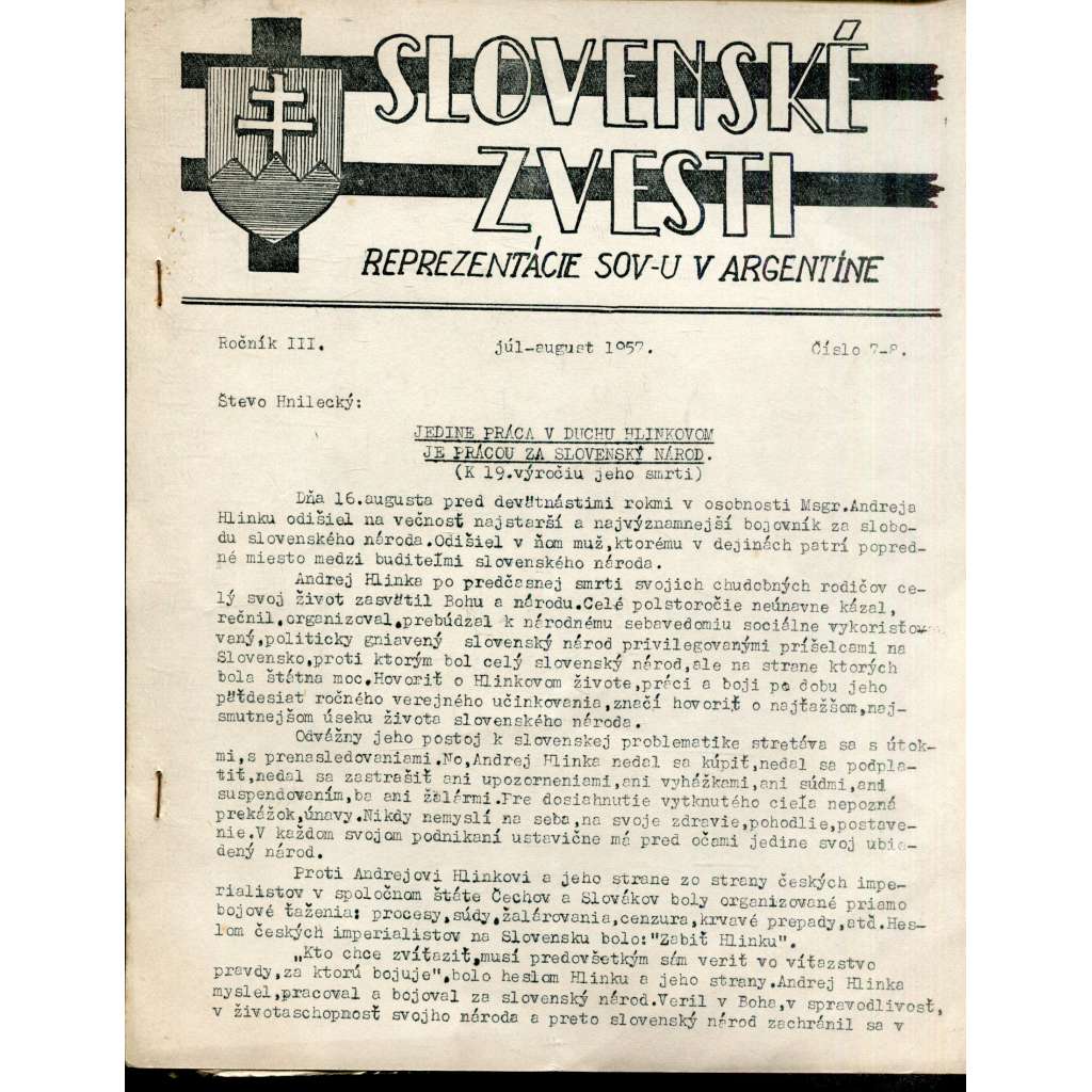 Slovenské zvesti, ročník III., číslo 7-8/1957 (Slovensko, text slovensky, exil)