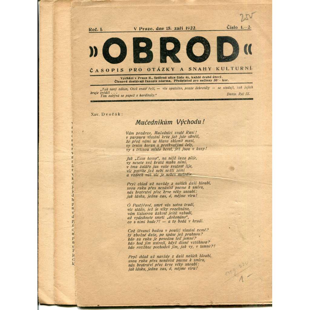 Obrod, ročník I., číslo 1-2, 3-4 a 5-6/1922. Časopis pro otázky a snahy kulturní