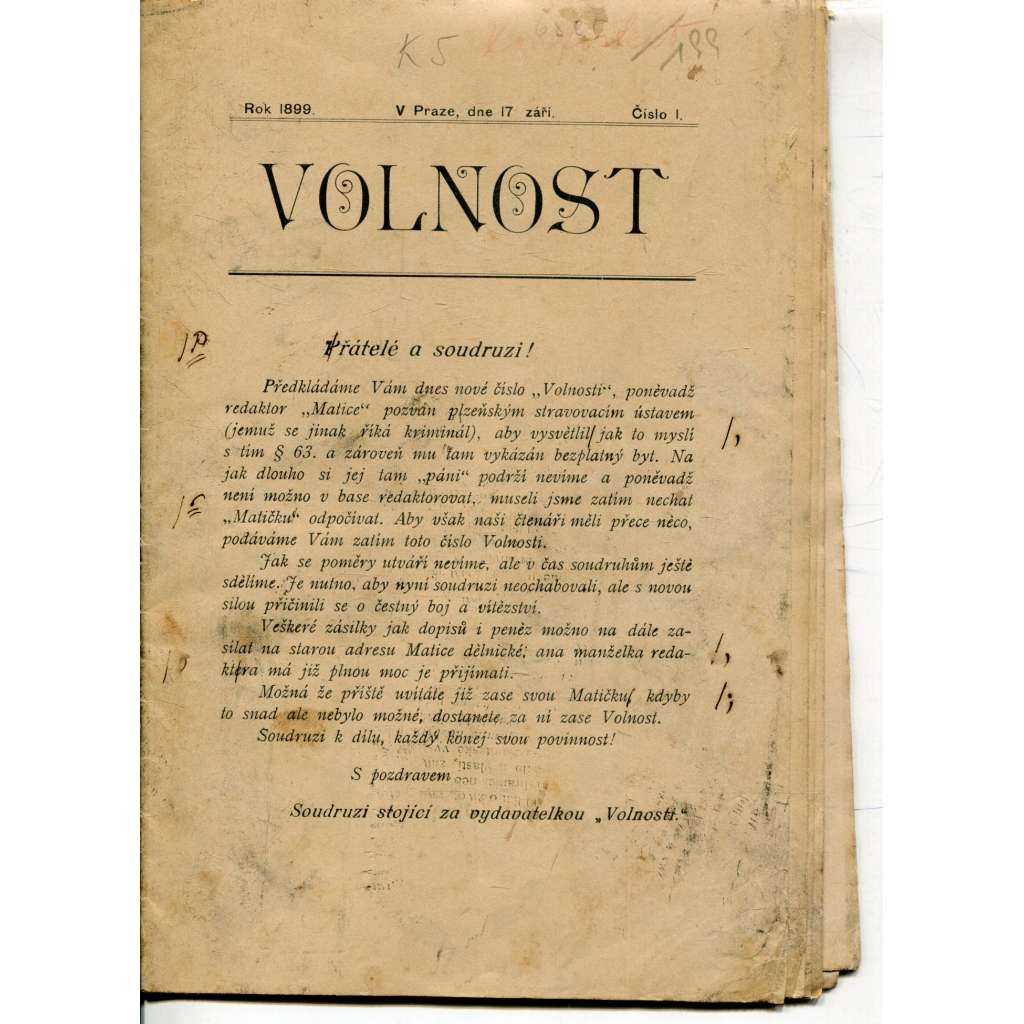 Volnost, číslo 1/1899 (časopis, noviny) - antisemitismus