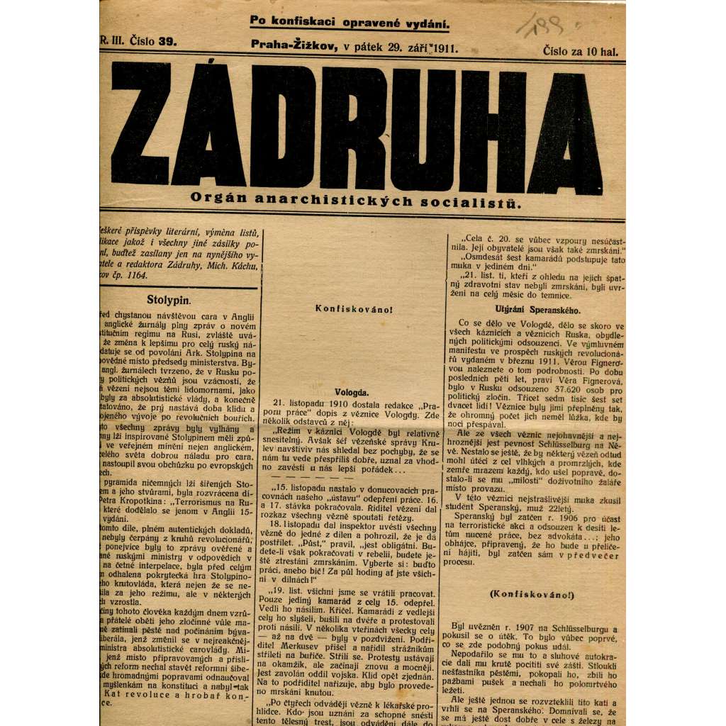 Záhruha, ročník III., číslo 39/1911. Orgán anarchistických socialistů (časopis, noviny, anarchisté, Žižkov)