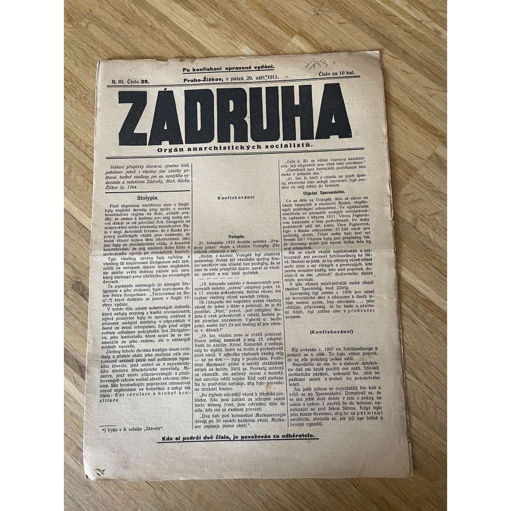 Záhruha, ročník III., číslo 39/1911. Orgán anarchistických socialistů (časopis, noviny, anarchisté, Žižkov)