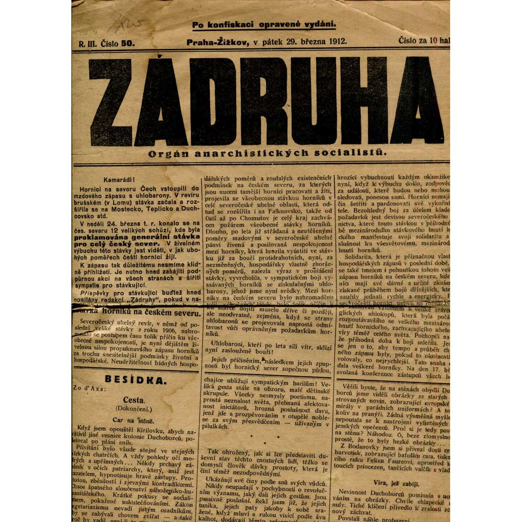 Záhruha, ročník III., číslo 50/1912. Orgán anarchistických socialistů (časopis, noviny, anarchisté, Žižkov) - pošk.