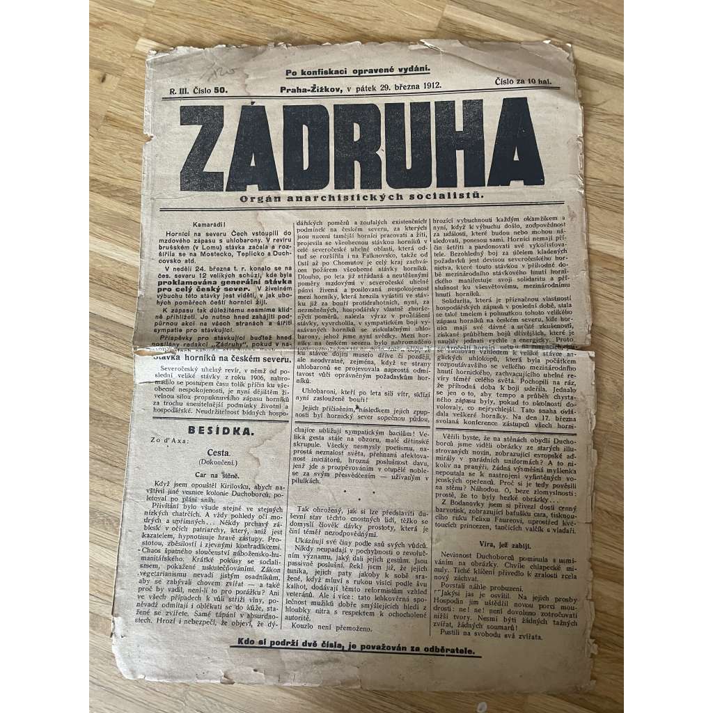 Záhruha, ročník III., číslo 50/1912. Orgán anarchistických socialistů (časopis, noviny, anarchisté, Žižkov) - pošk.