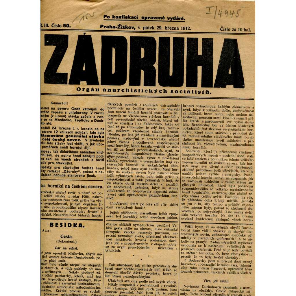Záhruha, ročník III., číslo 50/1912. Orgán anarchistických socialistů (časopis, noviny, anarchisté, Žižkov)