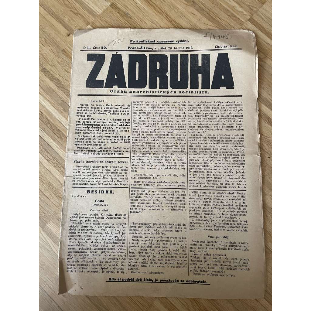 Záhruha, ročník III., číslo 50/1912. Orgán anarchistických socialistů (časopis, noviny, anarchisté, Žižkov)