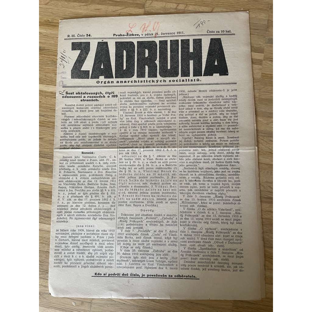 Záhruha, ročník III., číslo 34/1911. Orgán anarchistických socialistů (časopis, noviny, anarchisté, Žižkov)