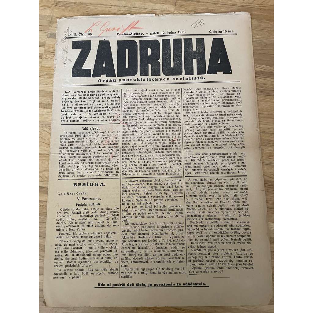 Záhruha, ročník III., číslo 45/1911. Orgán anarchistických socialistů (časopis, noviny, anarchisté, Žižkov)