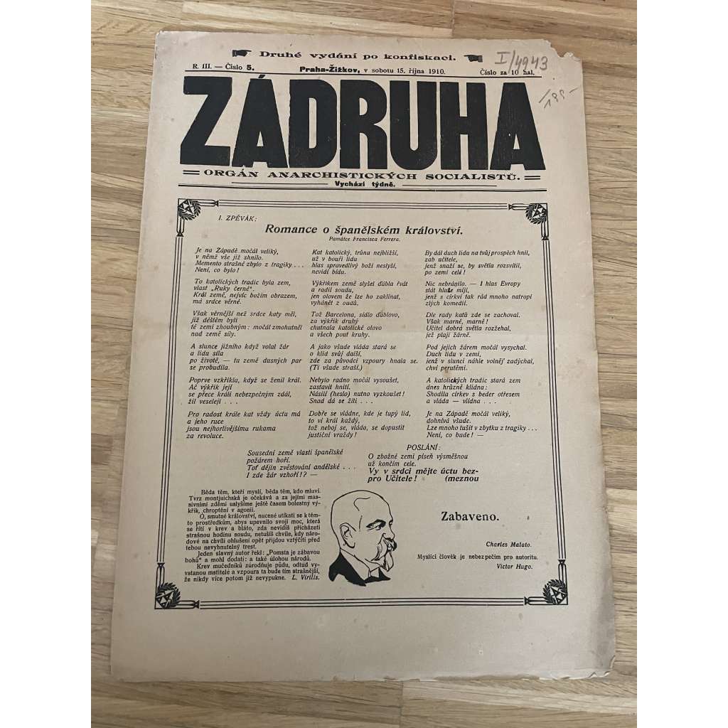 Záhruha, ročník III., číslo 5/1910. Orgán anarchistických socialistů (časopis, noviny, anarchisté, Žižkov)