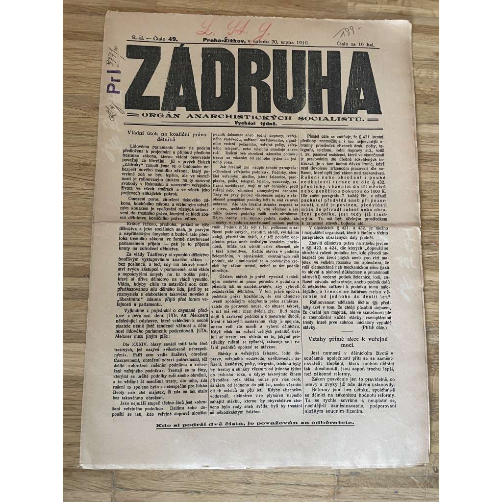 Záhruha, ročník II., číslo 49/1910. Orgán anarchistických socialistů (časopis, noviny, anarchisté, Žižkov)