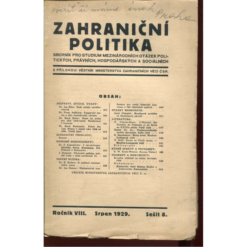 Zahraniční politika, ročník VIII., sešit 8/1929