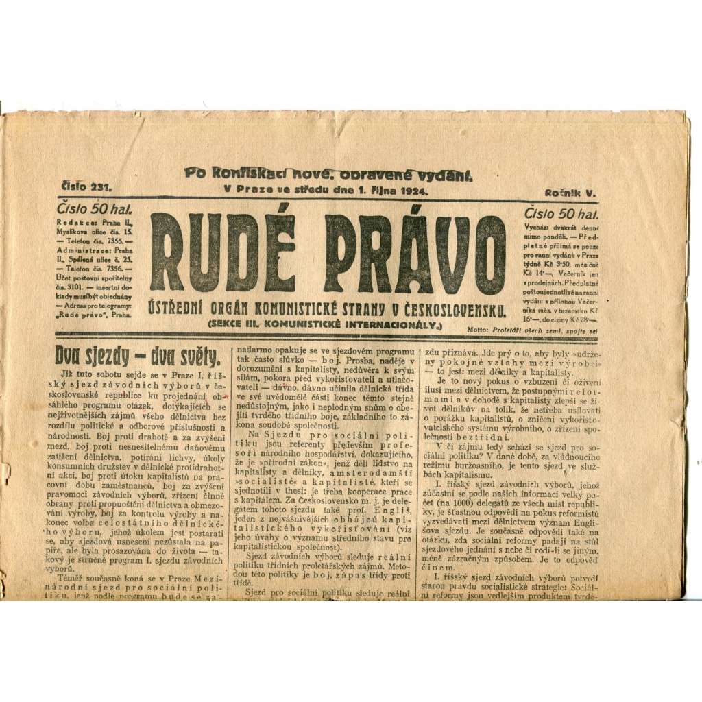 Rudé právo (1.10.1924) - 1. republika, staré noviny