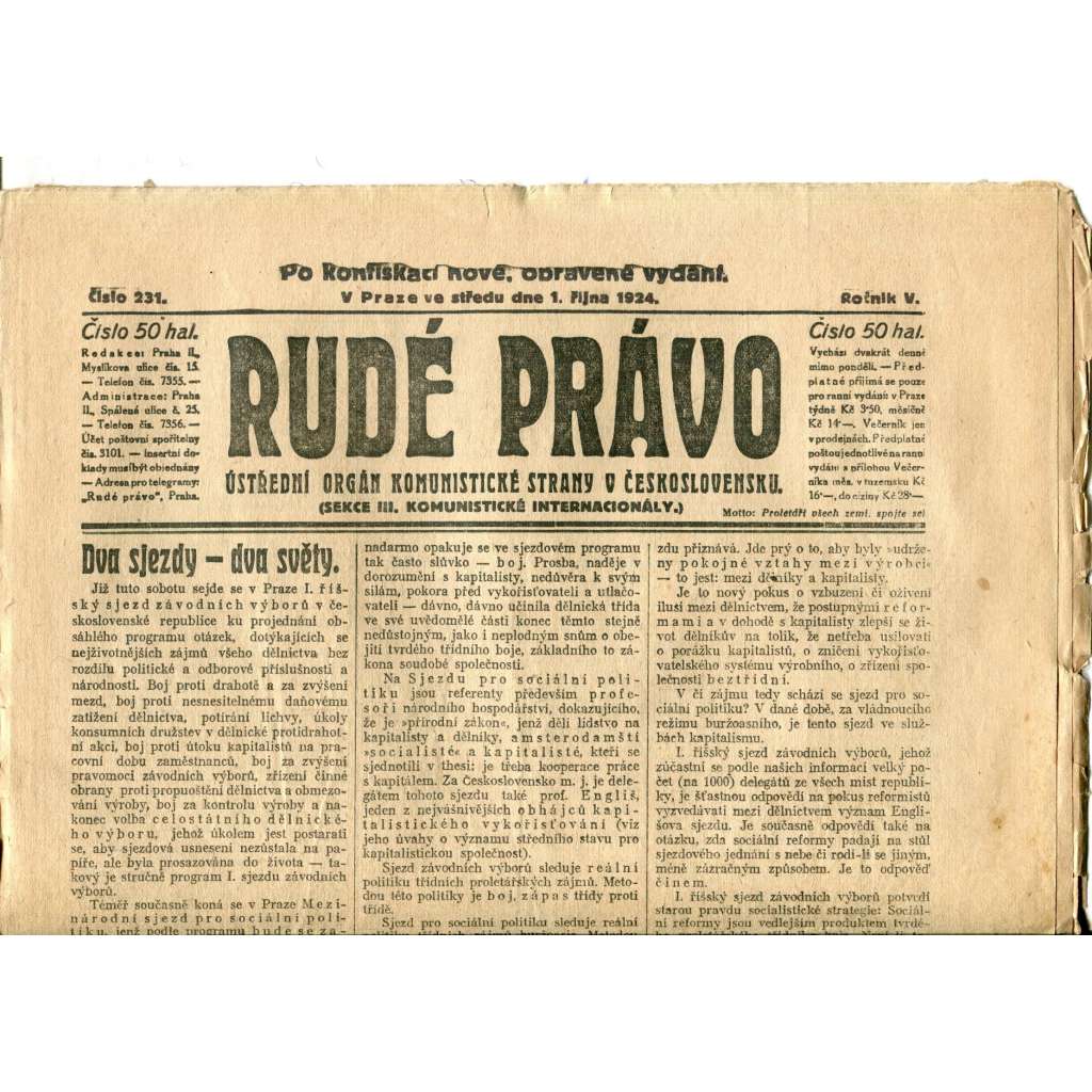 Rudé právo (1.10.1924) - 1. republika, staré noviny