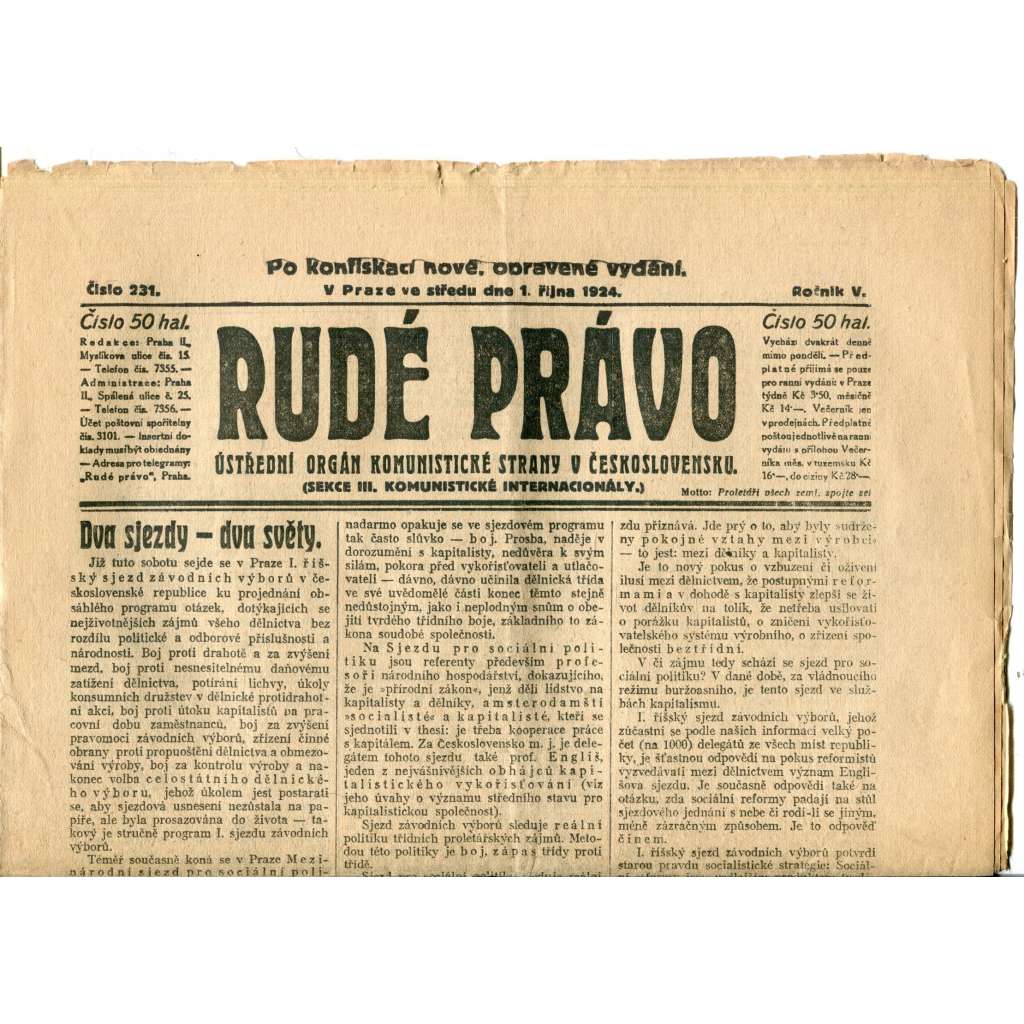 Rudé právo (1.10.1924) - 1. republika, staré noviny