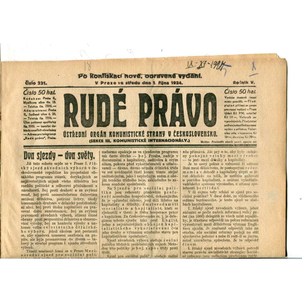 Rudé právo (1.10.1924) - 1. republika, staré noviny