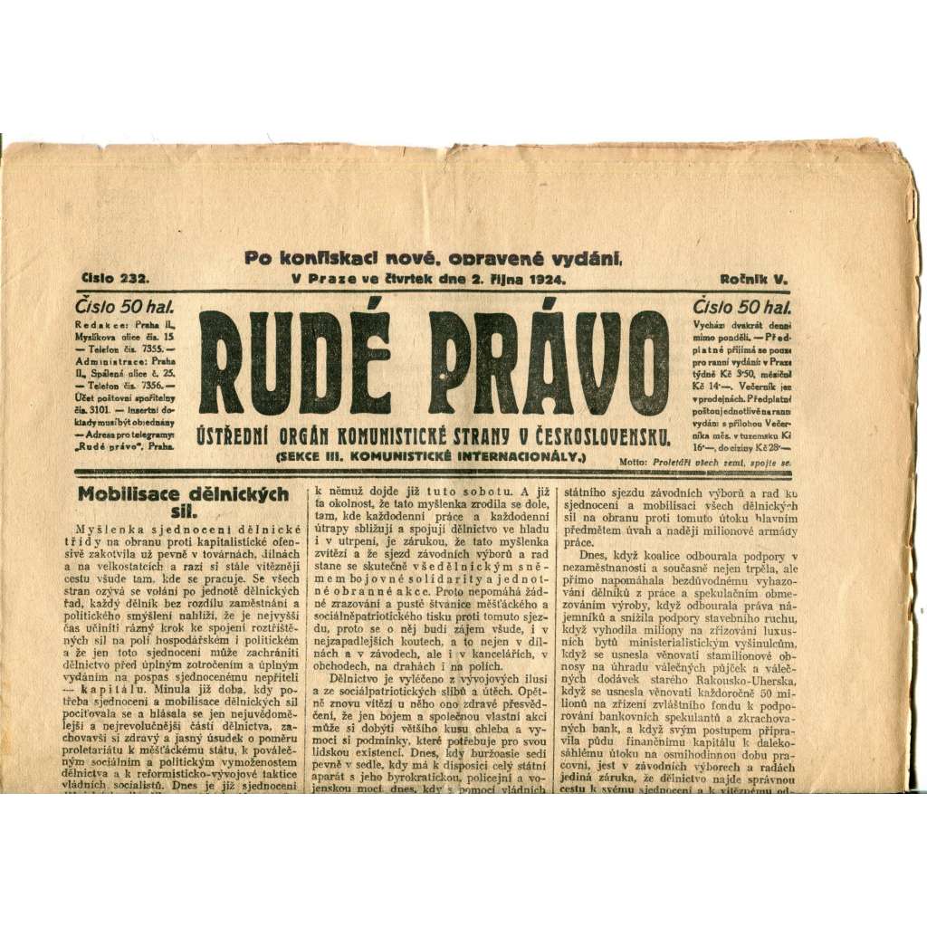Rudé právo (2.10.1924) - 1. republika, staré noviny