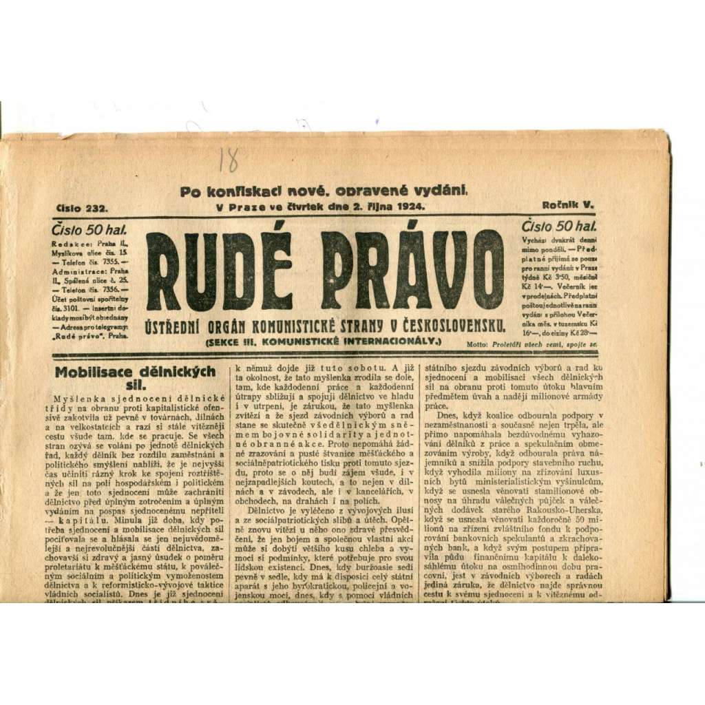 Rudé právo (2.10.1924) - 1. republika, staré noviny